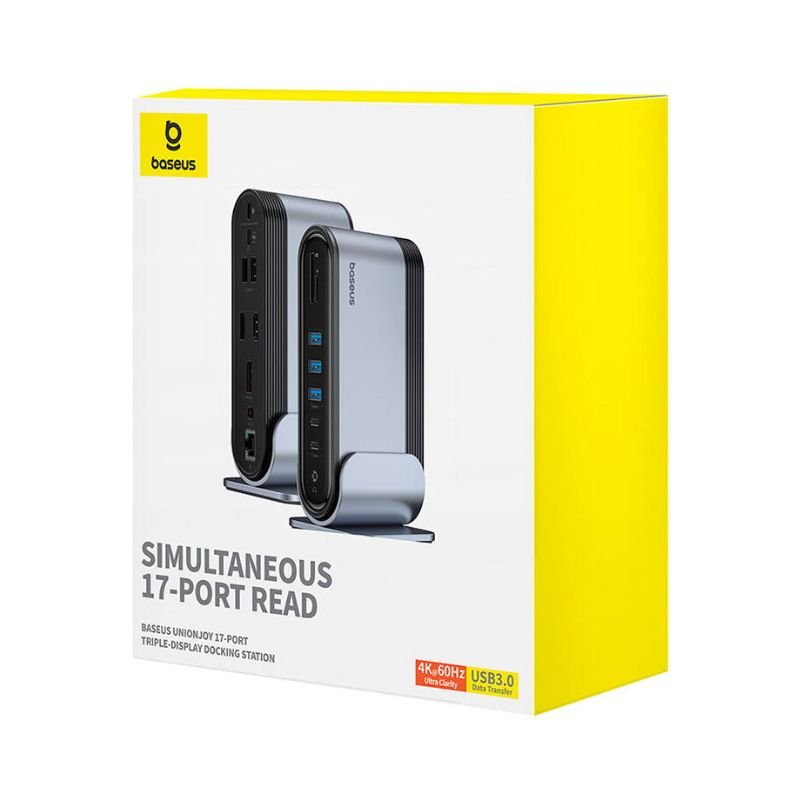Adaptador HUB 17 en 1 USB - C a HDMI x 2 + DP4K + USB 3.0 x 3 + USB 2.0 x 2 + Ethernet RJ45 + USB - C x 2 + PD + PC + SD + 3.5mm + DC - Baseus UnionJoy - Gris - Bestmart