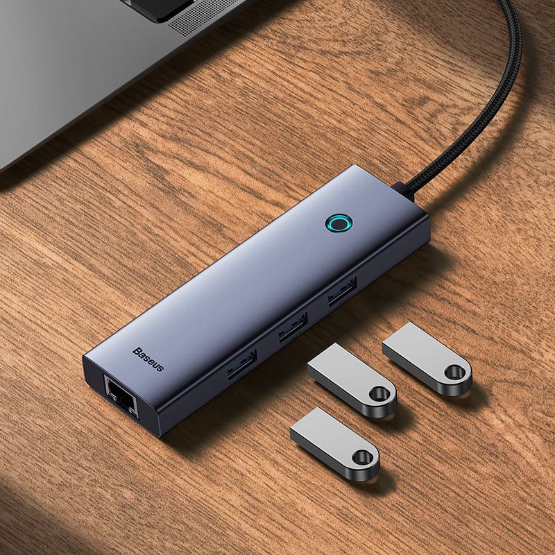 Adaptador HUB 4 en 1 USB - C a 3 puertos USB 3.0 + Ethernet RJ45 - Baseus UltraJoy Series - Gris espacial - Bestmart