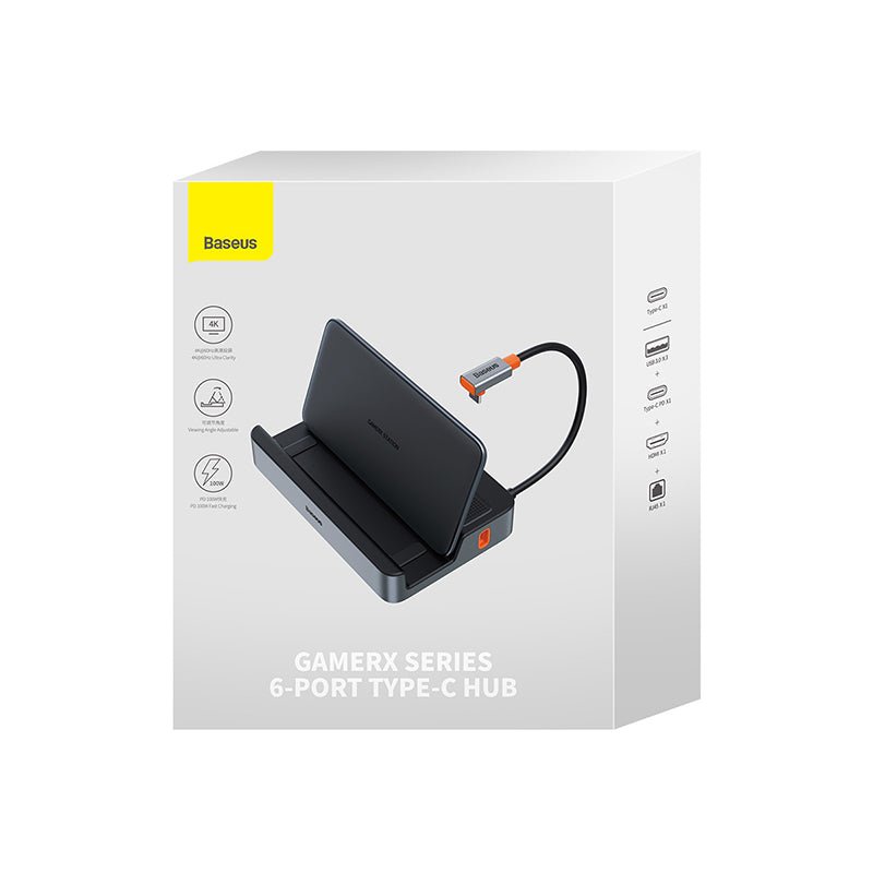 Adaptador HUB 6 en 1 Tipo C a HDMI + USB 3.0 x 3 + PD + RJ45 - Baseus GamerX Series - Gris - Bestmart
