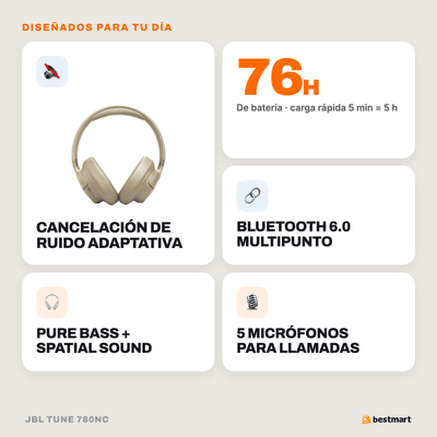 Audífonos Bluetooth JBL Tune 780NC Cancelación de Ruido Beige - Bestmart