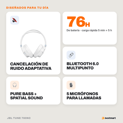 Audífonos Bluetooth JBL Tune 780NC Cancelación de Ruido Blanco - Bestmart