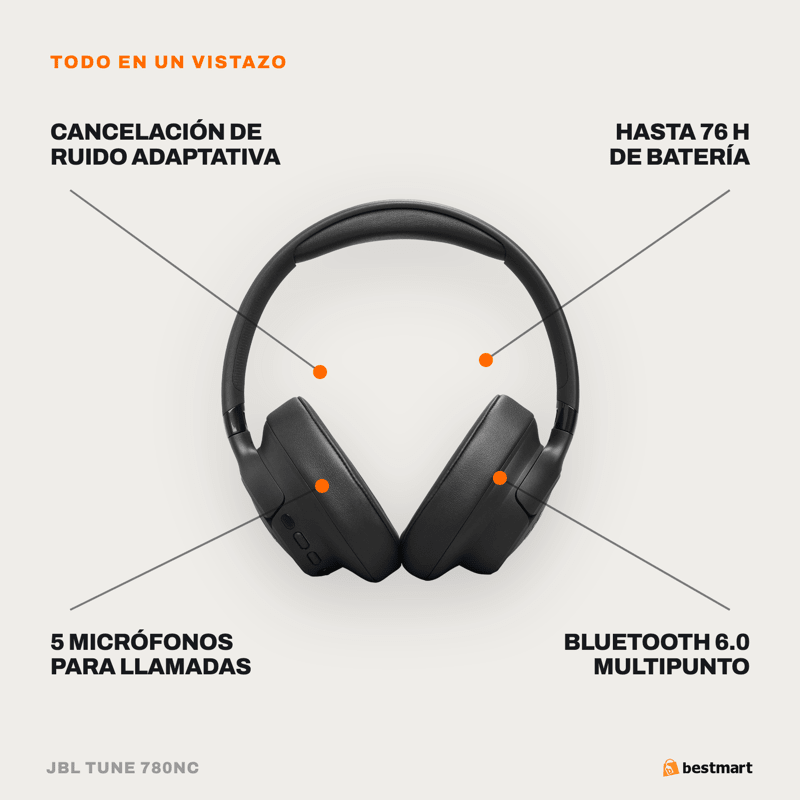 Audífonos Bluetooth JBL Tune 780NC Cancelación de Ruido Negro - Bestmart