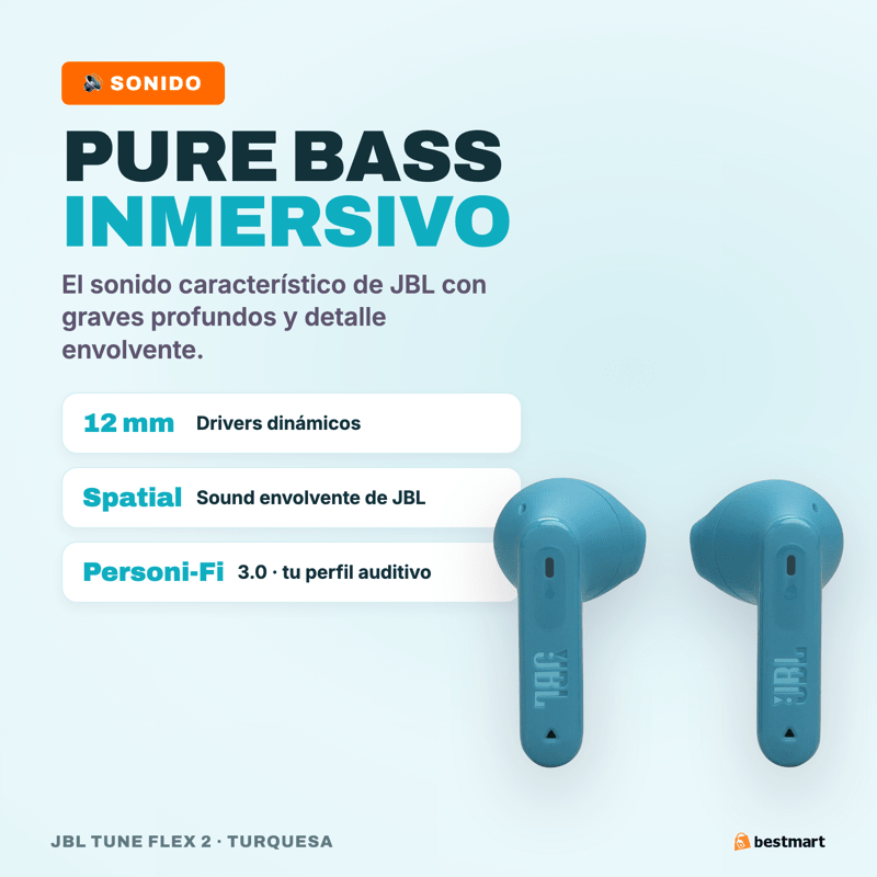 Audífonos Bluetooth JBL Tune Flex 2 ANC True Wireless Turquesa - Bestmart