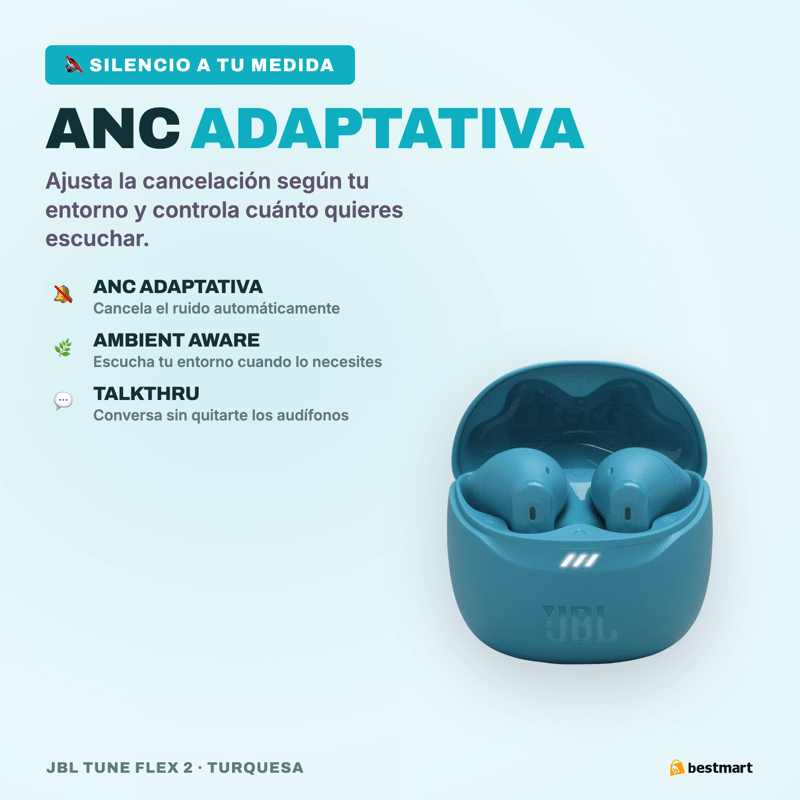 Audífonos Bluetooth JBL Tune Flex 2 ANC True Wireless Turquesa - Bestmart