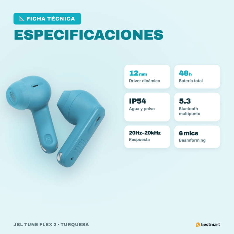 Audífonos Bluetooth JBL Tune Flex 2 ANC True Wireless Turquesa - Bestmart