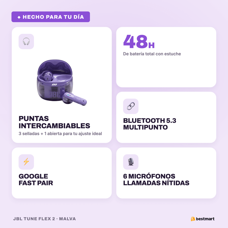 Audífonos Bluetooth JBL Tune Flex 2 Ghost ANC True Wireless Morado - Bestmart