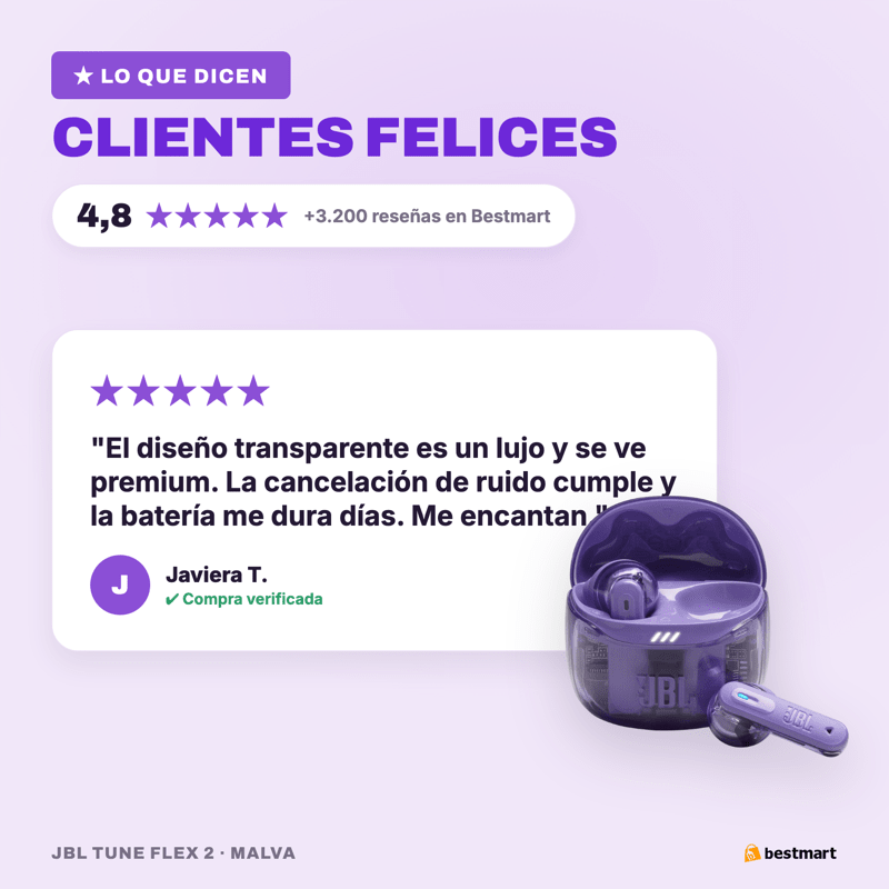 Audífonos Bluetooth JBL Tune Flex 2 Ghost ANC True Wireless Morado - Bestmart