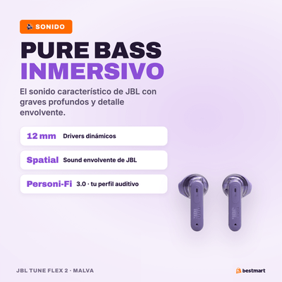 Audífonos Bluetooth JBL Tune Flex 2 Ghost ANC True Wireless Morado - Bestmart