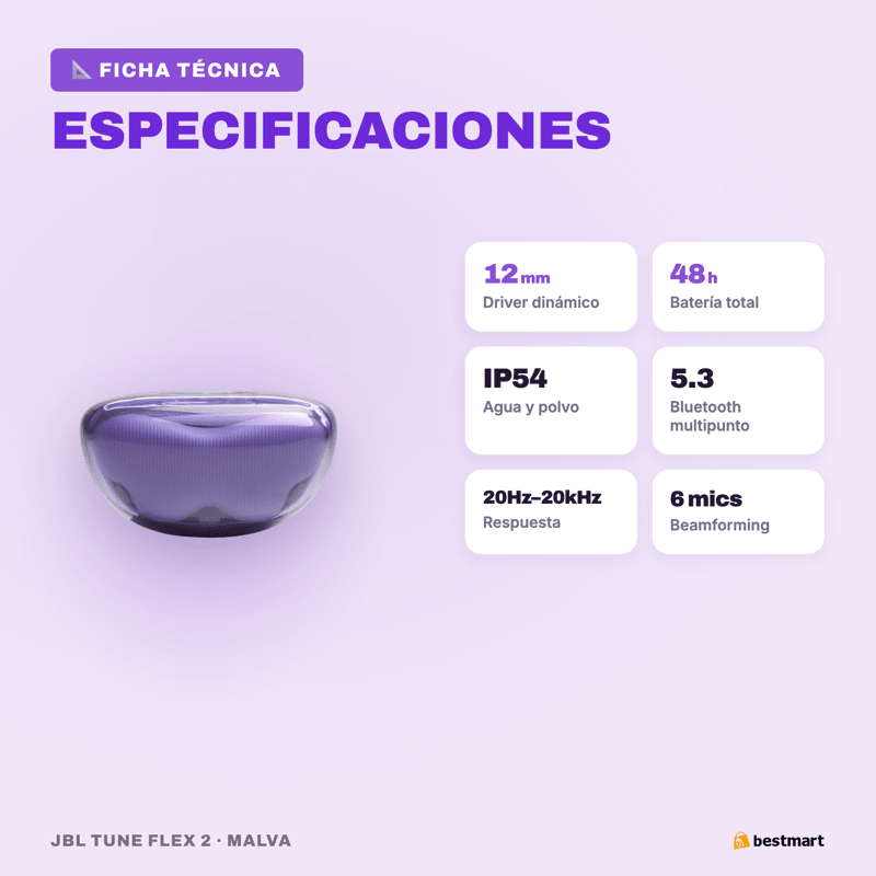 Audífonos Bluetooth JBL Tune Flex 2 Ghost ANC True Wireless Morado - Bestmart