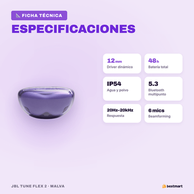 Audífonos Bluetooth JBL Tune Flex 2 Ghost ANC True Wireless Morado - Bestmart