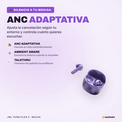 Audífonos Bluetooth JBL Tune Flex 2 Ghost ANC True Wireless Morado - Bestmart
