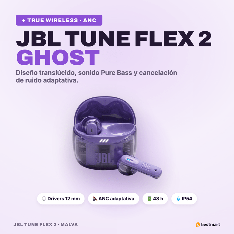 Audífonos Bluetooth JBL Tune Flex 2 Ghost ANC True Wireless Morado - Bestmart