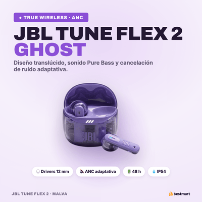 Audífonos Bluetooth JBL Tune Flex 2 Ghost ANC True Wireless Morado - Bestmart
