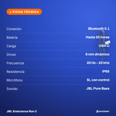 Audífonos Deportivos Inalámbricos JBL Endurance Run 3 Bluetooth IP65 Azul - Bestmart