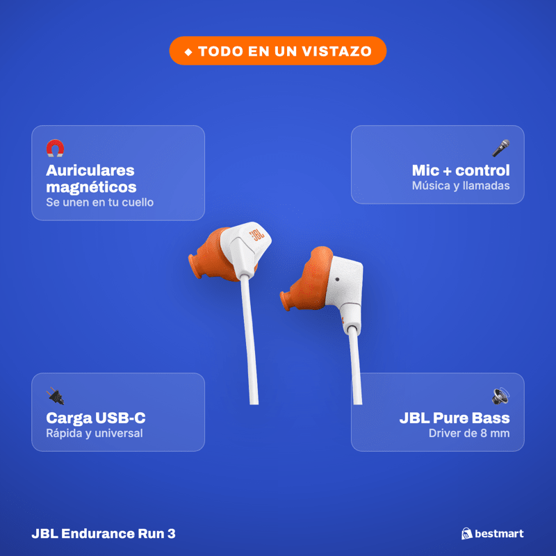 Audífonos Deportivos Inalámbricos JBL Endurance Run 3 Bluetooth IP65 Blanco - Bestmart