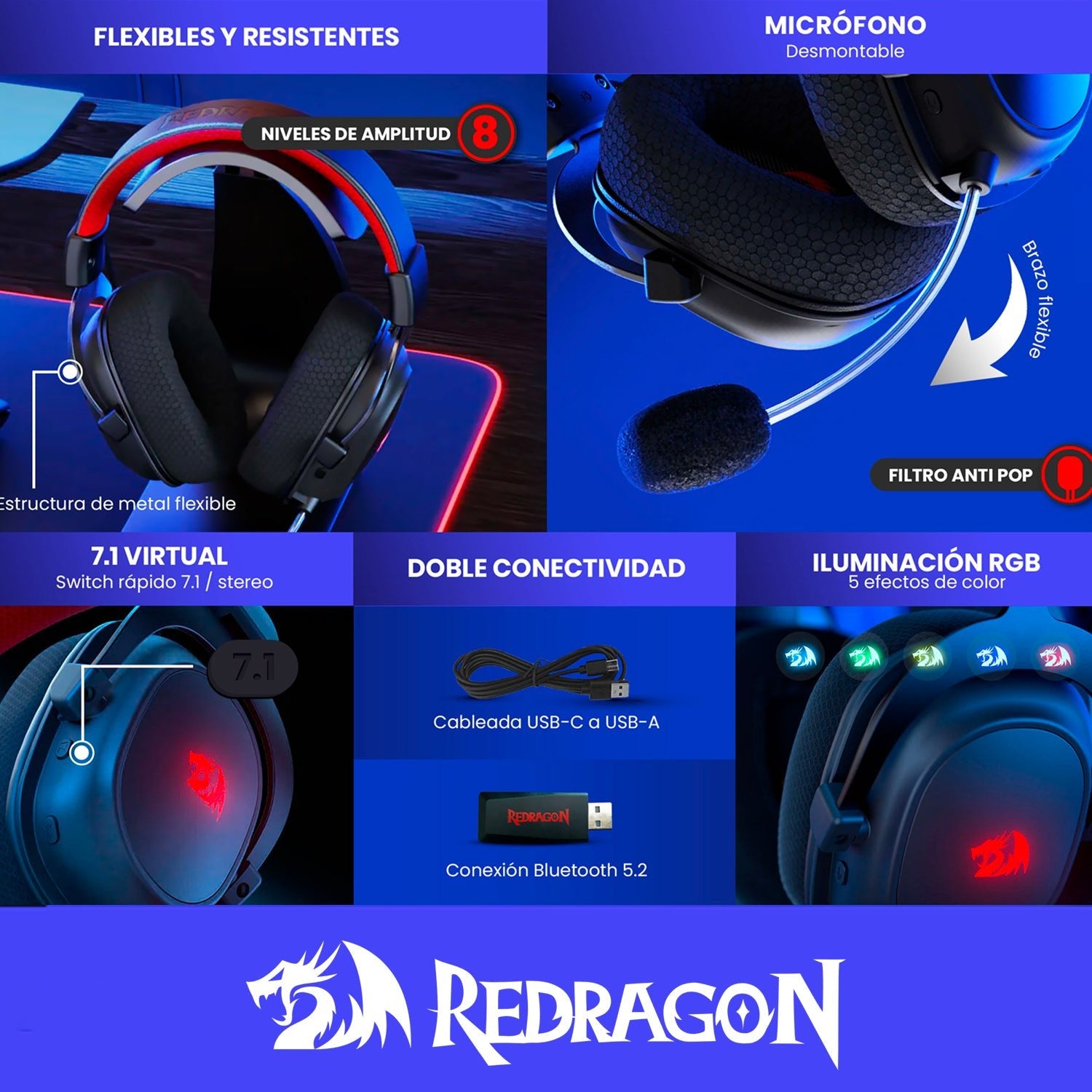 Audífonos Gamer Inalámbricos Redragon Zeus Pro H510 - PRO Bluetooth Sonido 7.1 Virtual 20 - 20k Hz - Negro - Bestmart