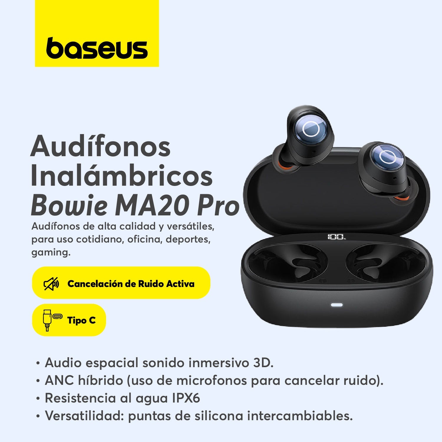 Audífonos inalámbricos Baseus Bowie MA20 Pro con Cancelación Activa de Ruido - Negro - Bestmart