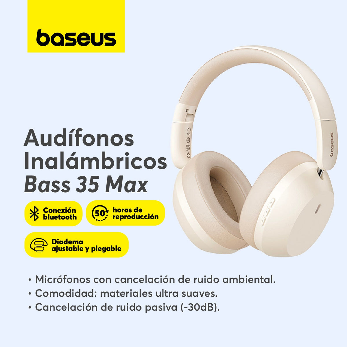 Audífonos Inalámbricos Bluetooth Baseus Bass 35 Max - Blanco - Bestmart