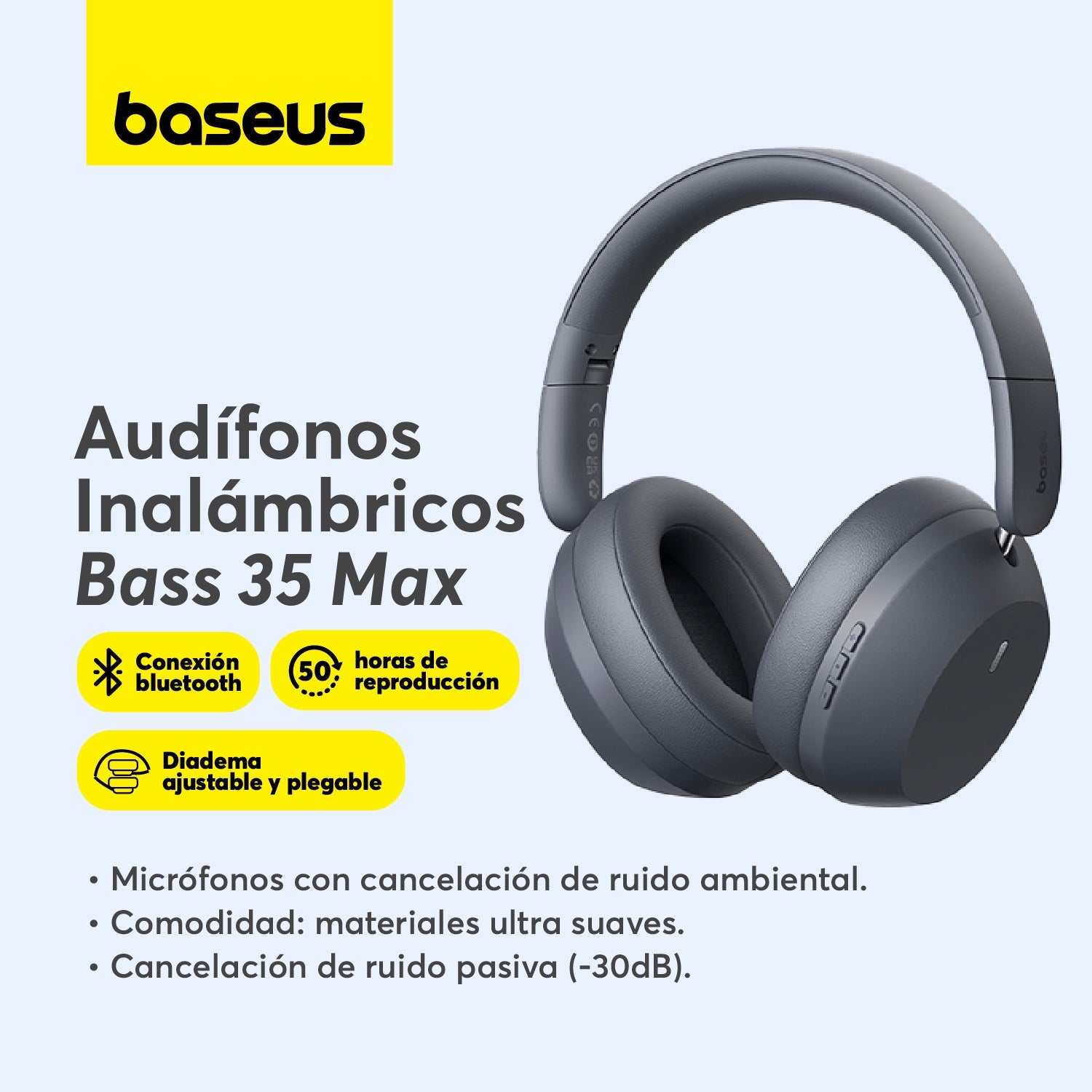 Audífonos Inalámbricos Bluetooth Baseus Bass 35 Max - Gris - Bestmart