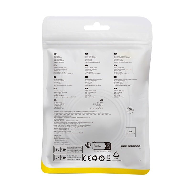 Cable de Carga Baseus USB a Tipo - C de 1,2 Metros - 100W - Series Pudding - Blanco - Bestmart