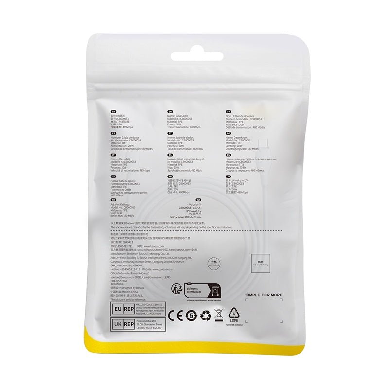 Cable de Carga Rápida Baseus Tipo C a Lightning de 1,2 Metros - 20W - Series Pudding - Blanco - Bestmart