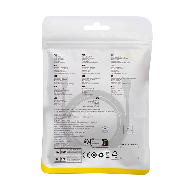 Cable de Carga Rápida Baseus USB - C a Lightning de 2 Metros - 20W - Series Pudding - Negro - Bestmart