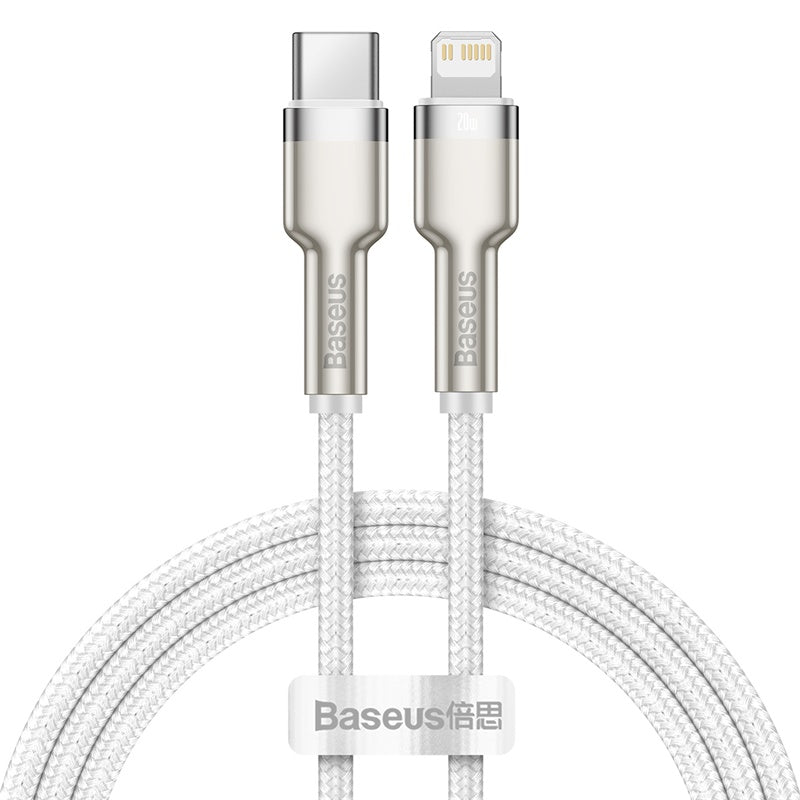 Cable de Carga Rápida Metálico Baseus USB-C a Lightning de 1 Metro - 20W - Serie Cafule Premium - Blanco