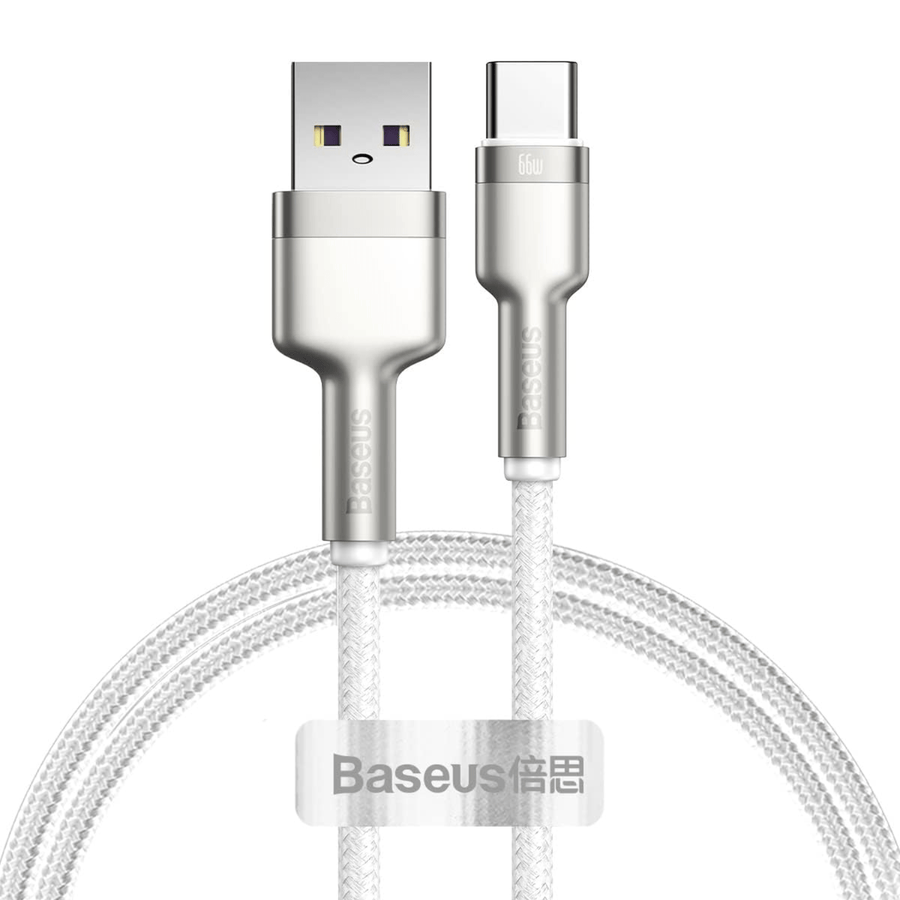 Cable de Carga Rápida Metálico Baseus USB a Tipo - C de 1 Metro - 66W - Serie Cafule Premium - Blanco - Bestmart
