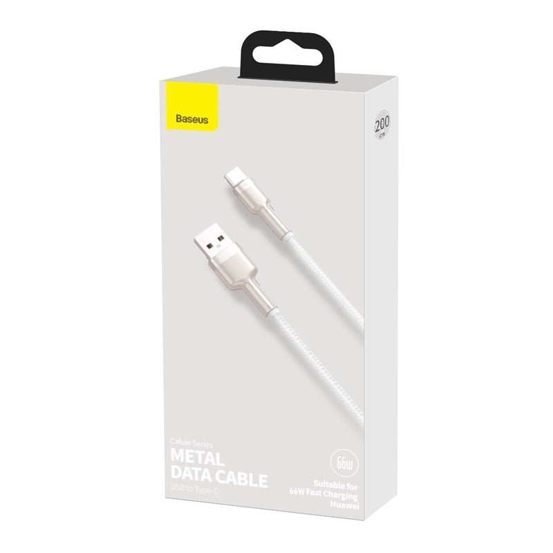 Cable de Carga Rápida Metálico Baseus USB a Tipo - C de 2 Metros - 66W - Serie Cafule Premium - Blanco - Bestmart
