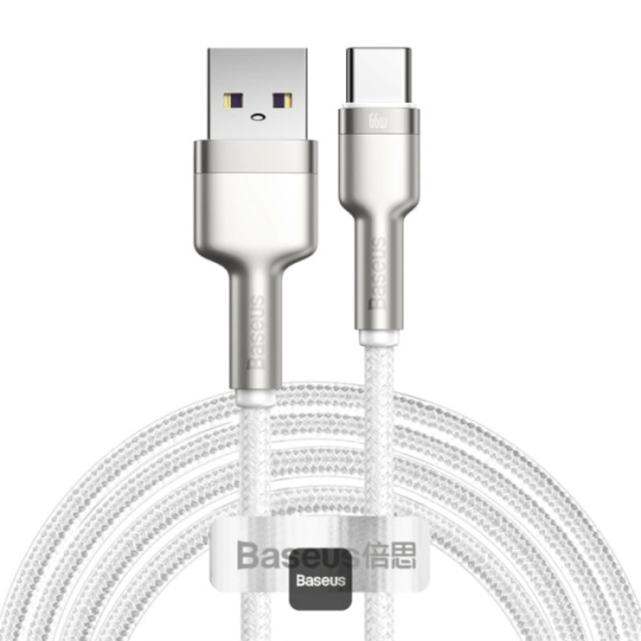 Cable de Carga Rápida Metálico Baseus USB a Tipo - C de 2 Metros - 66W - Serie Cafule Premium - Blanco - Bestmart