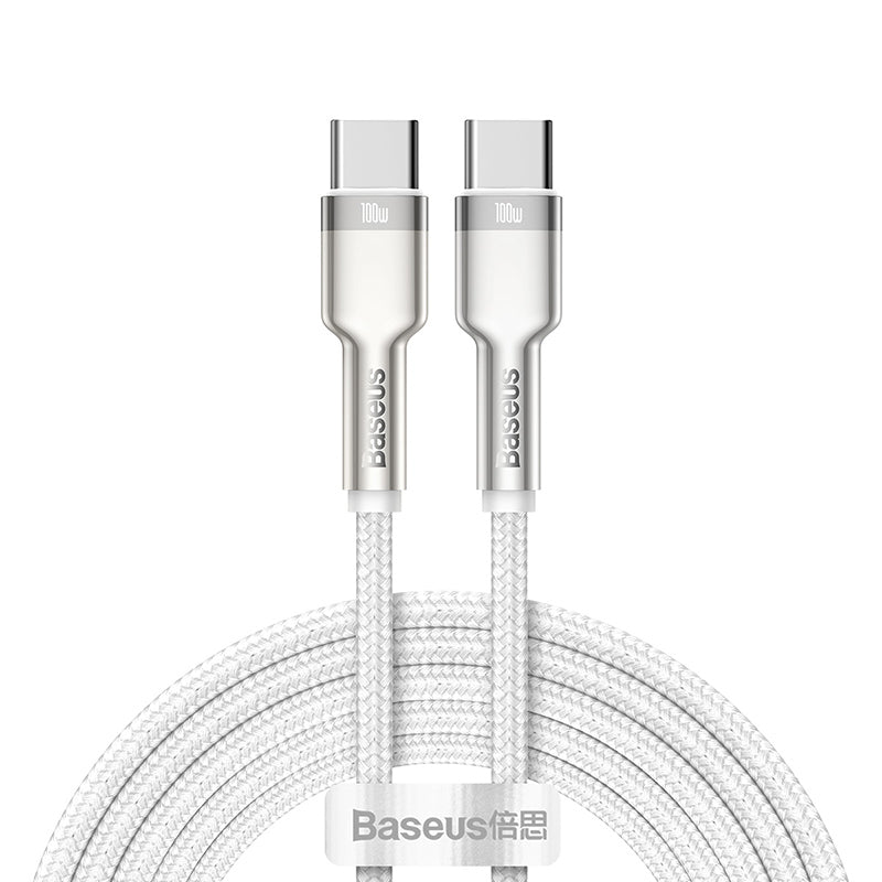 Cable de Carga Rápida Metálico Baseus USB-C a USB-C de 2 Metros - 100W - Serie Cafule Premium - Blanco