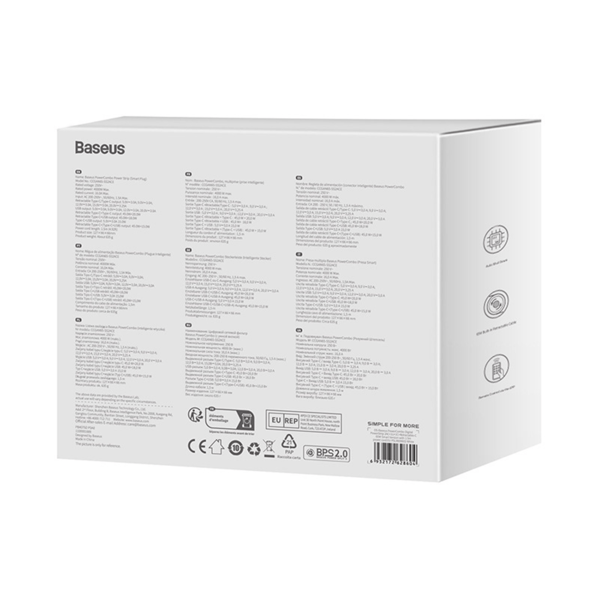 Cargador Baseus PowerCombo Digital PowerStrip (AC - Tipo C - USB - A) - 65W - Blanco - Bestmart