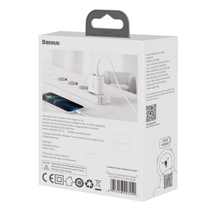 Cargador Rápido Baseus Dual USB y USB - C - 20W - Blanco - Bestmart