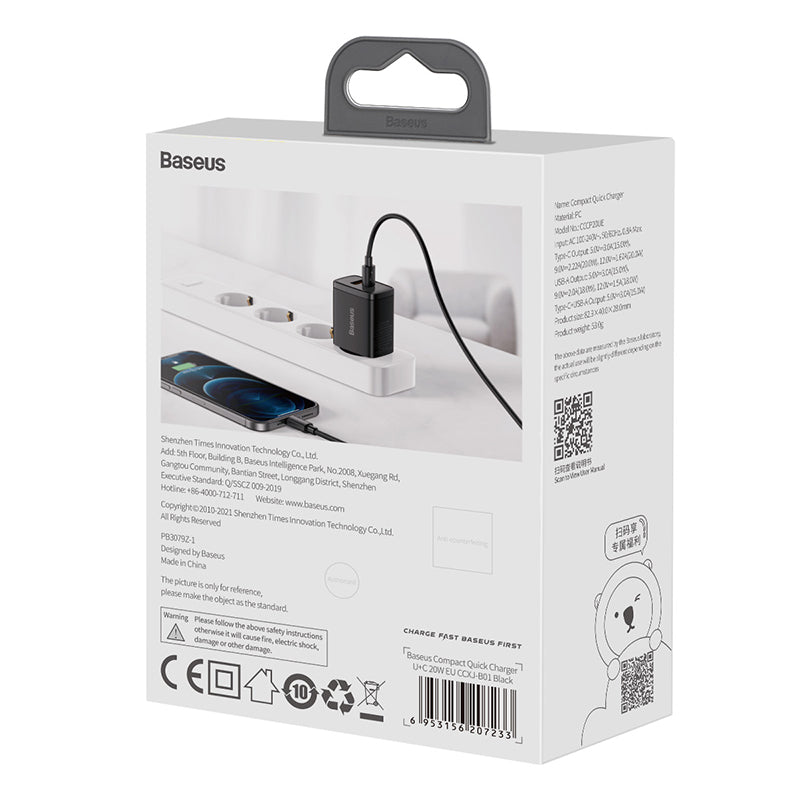 Cargador Rápido Baseus Dual USB y USB - C - 20W - Negro - Bestmart