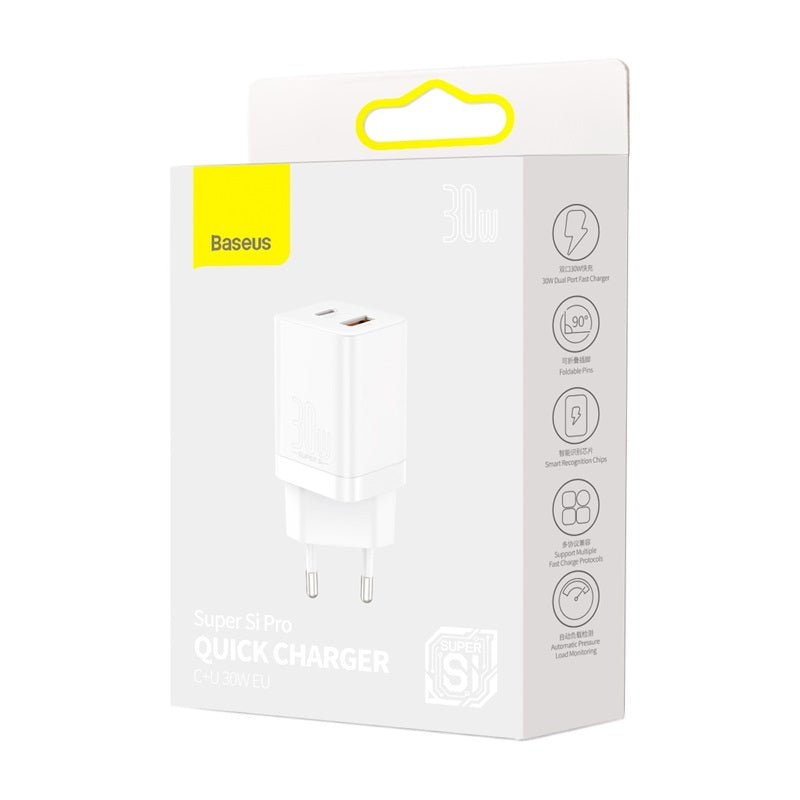Cargador Rápido Baseus Dual USB y USB - C - 30W - Blanco - Bestmart