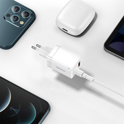 Cargador Rápido Baseus Dual USB y USB - C - 30W - Blanco - Bestmart