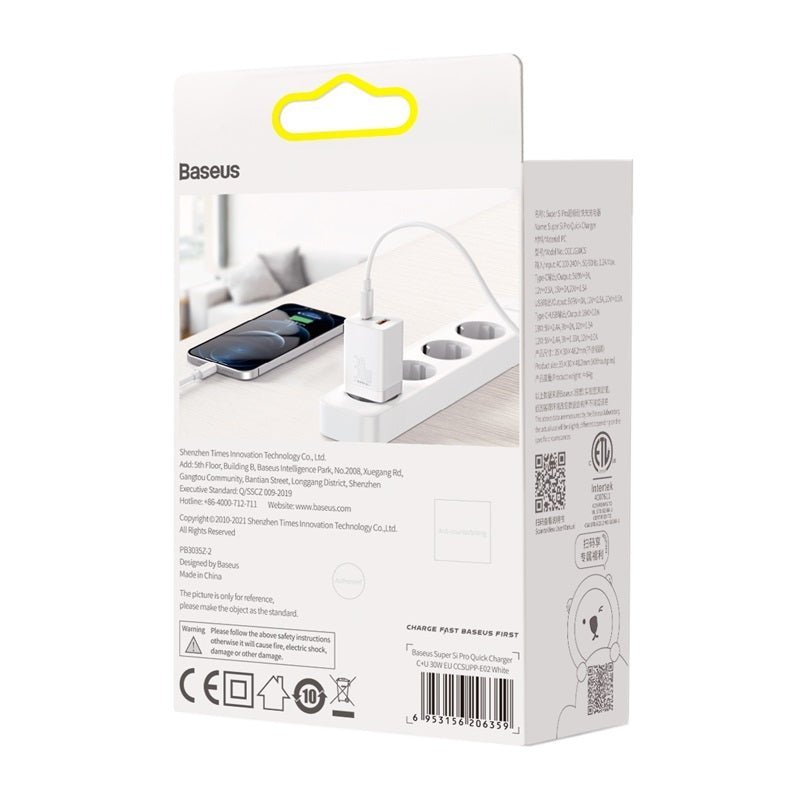 Cargador Rápido Baseus Dual USB y USB-C - 30W - Blanco (Open Box) - Bestmart