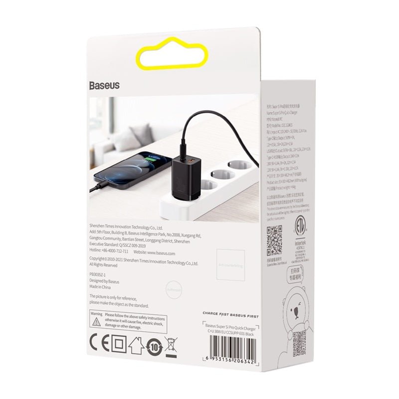 Cargador Rápido Baseus Dual USB y USB - C - 30W - Negro - Bestmart
