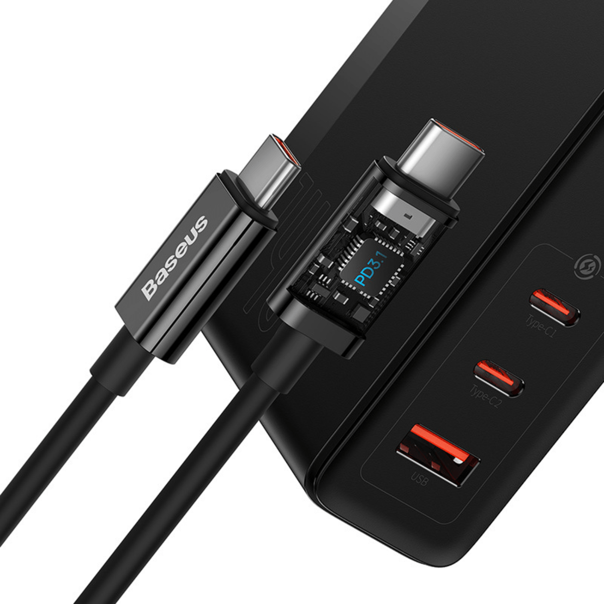 Cargador Rápido Baseus GaN5 Pro USB - C x 2 + USB - Incluye Cable Tipo C - Compatible con Macbook - 140W - Negro - Bestmart