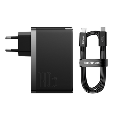 Cargador Rápido Baseus GaN5 Pro USB - C x 2 + USB - Incluye Cable Tipo C - Compatible con Macbook - 140W - Negro - Bestmart
