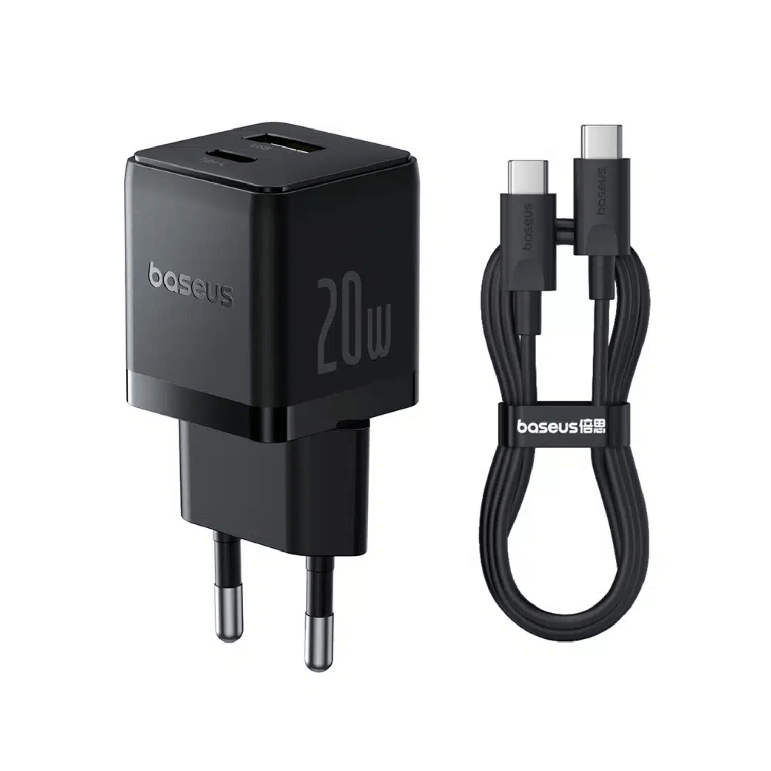 Cargador Rápido Baseus Palm Cluster USB y Tipo C 20W + Cable Tipo C a Tipo C Negro - Bestmart