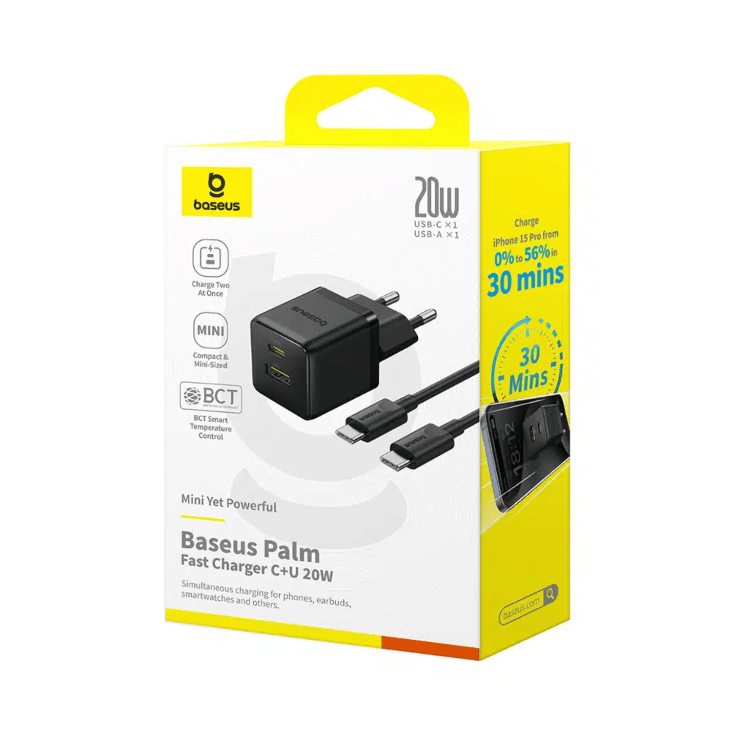 Cargador Rápido Baseus Palm Cluster USB y Tipo C 20W + Cable Tipo C a Tipo C Negro - Bestmart