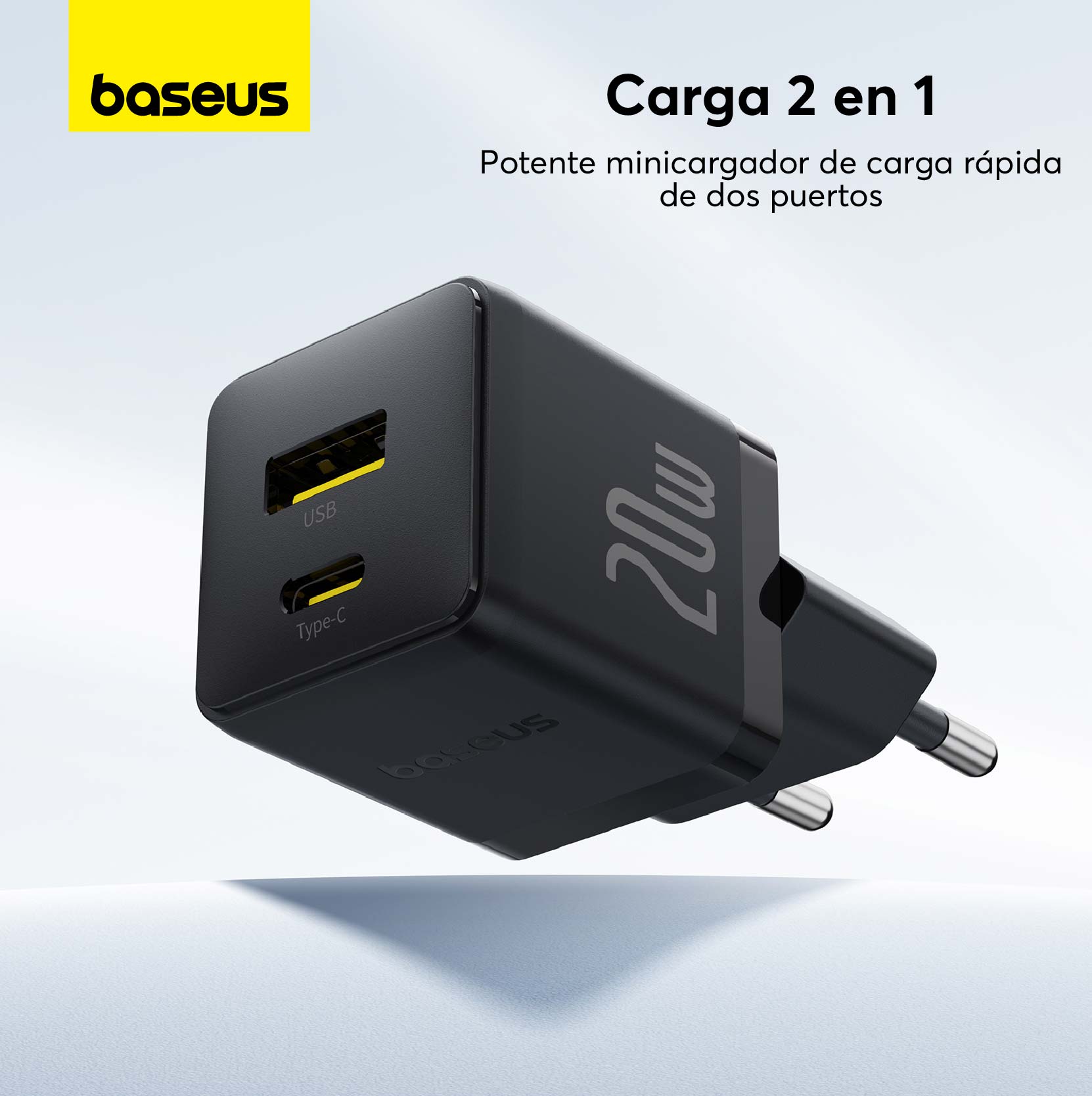 Cargador Rápido Baseus Palm Cluster USB y Tipo C 20W + Cable Tipo C a Tipo C Negro - Bestmart