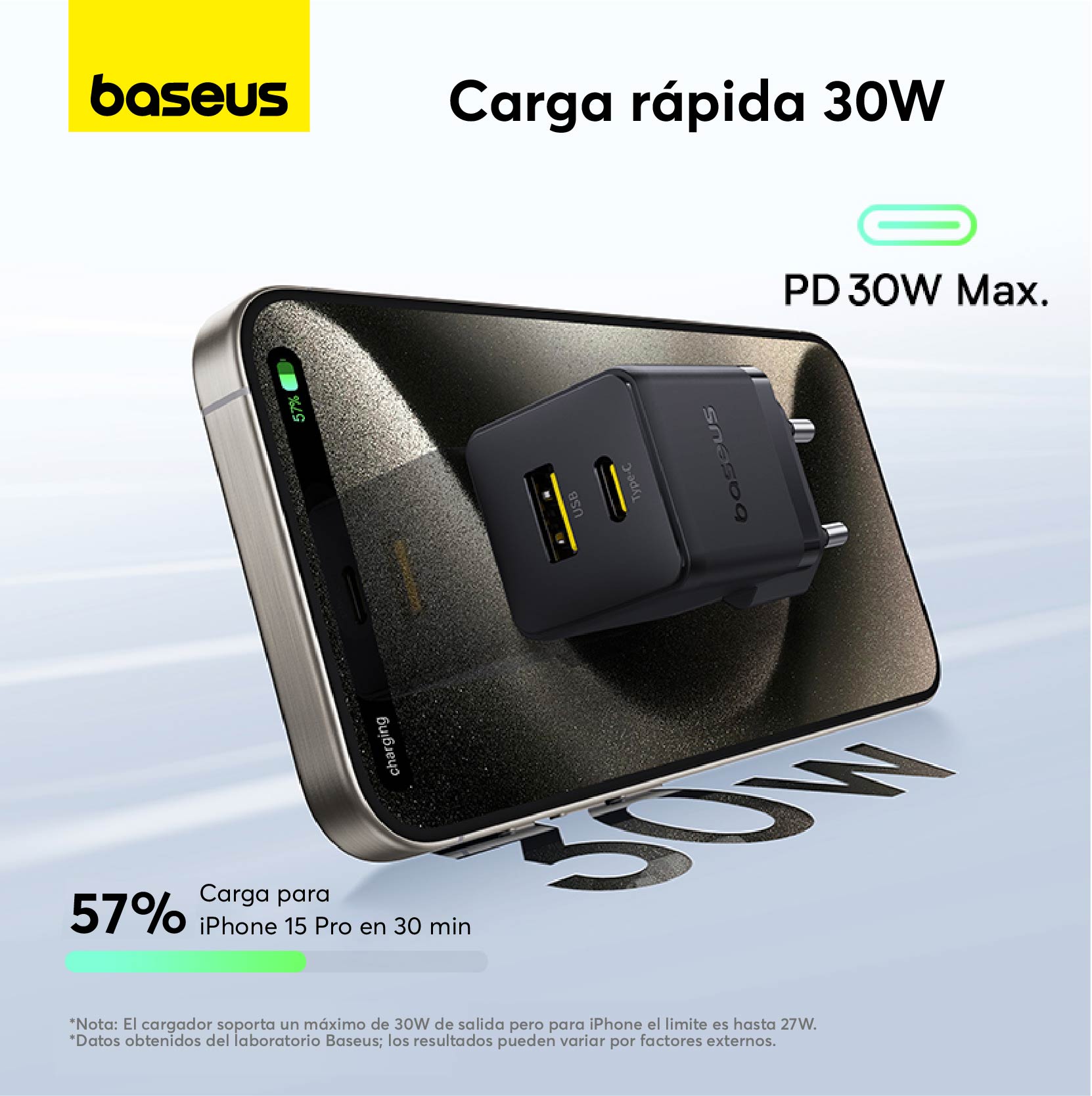 Cargador Rápido Baseus Palm Cluster USB y Tipo C 30W + Cable USB - C a USB - C Negro - Bestmart