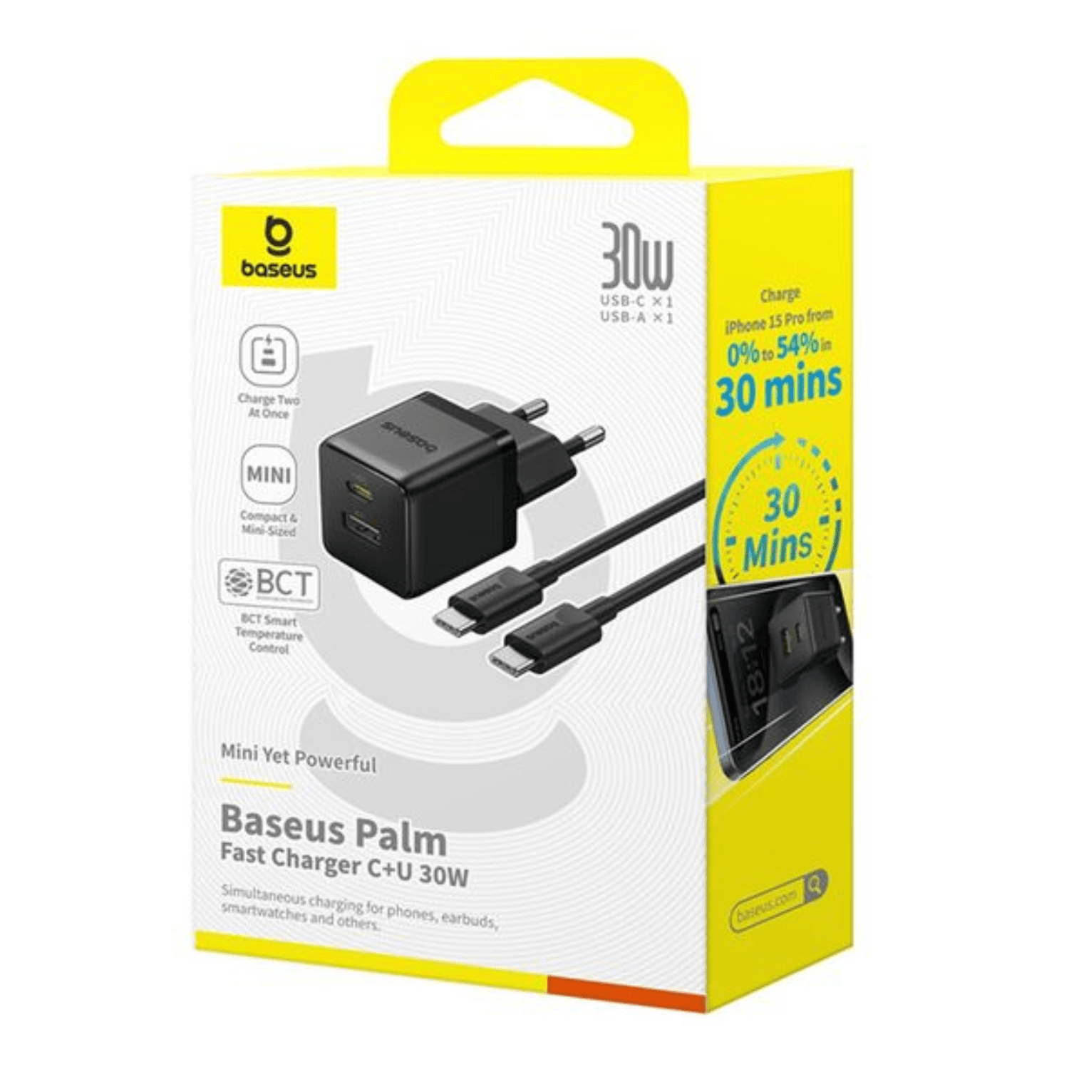 Cargador Rápido Baseus Palm Cluster USB y Tipo C 30W + Cable USB - C a USB - C Negro - Bestmart