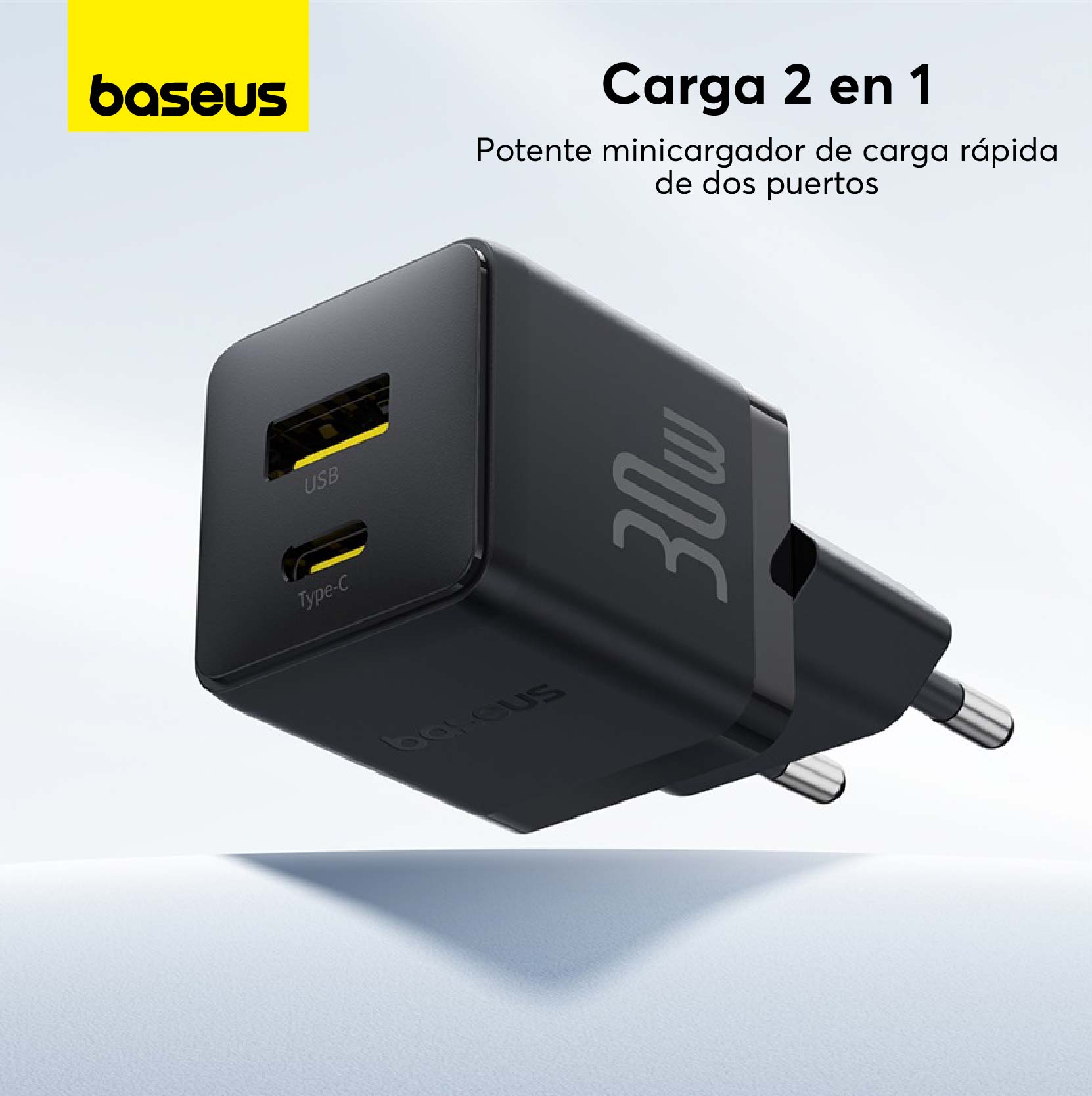 Cargador Rápido Baseus Palm Cluster USB y Tipo C 30W + Cable USB - C a USB - C Negro - Bestmart