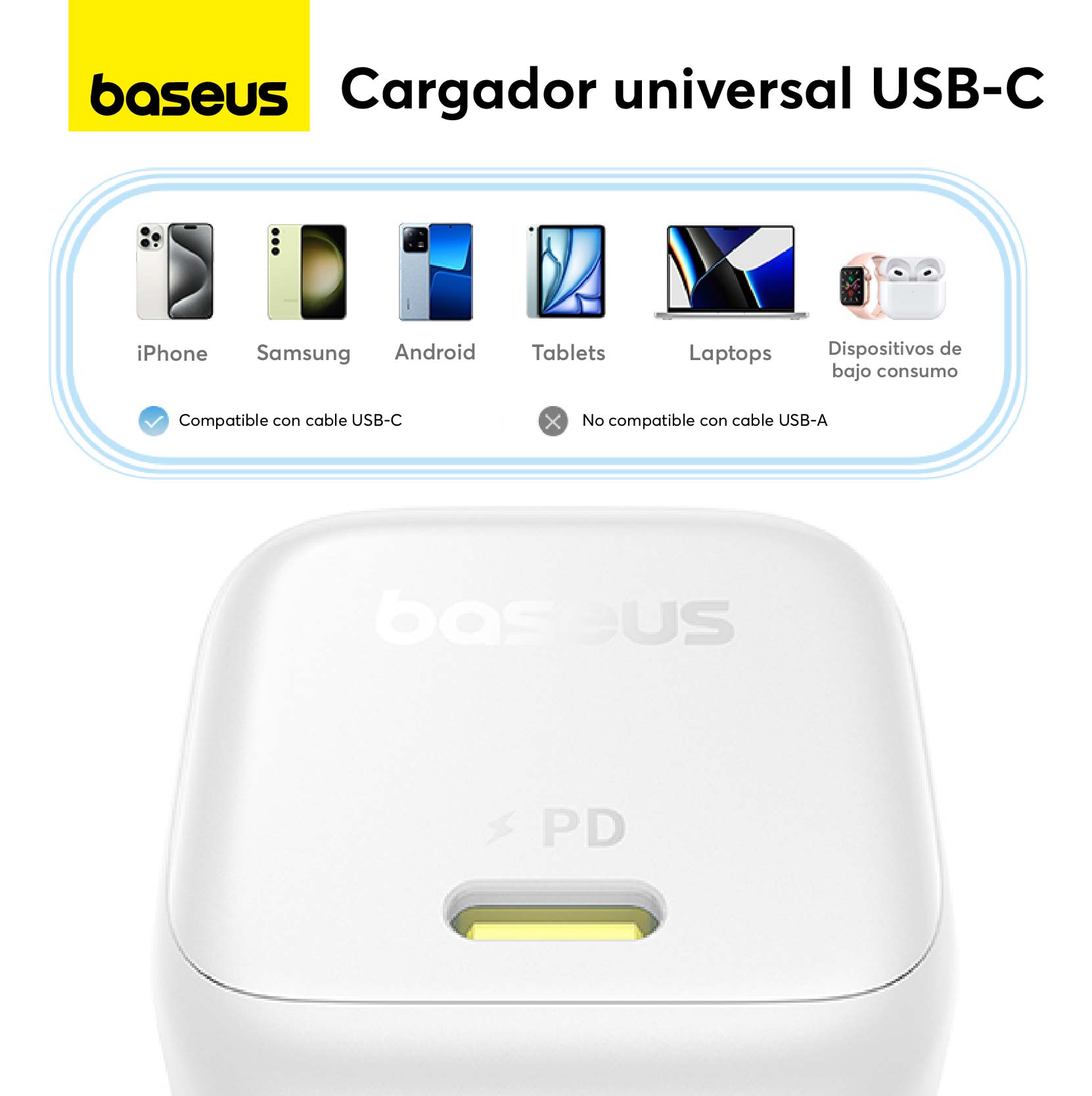 Cargador Rápido Baseus PicoGo GaN6 USB C 45W Blanco - Bestmart