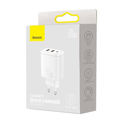 Cargador Rápido e Inteligente Baseus Triple USB x 2 y USB - C - 30W - Blanco - Bestmart
