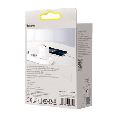 Cargador Rápido e Inteligente Baseus Triple USB x 2 y USB - C - 30W - Blanco - Bestmart