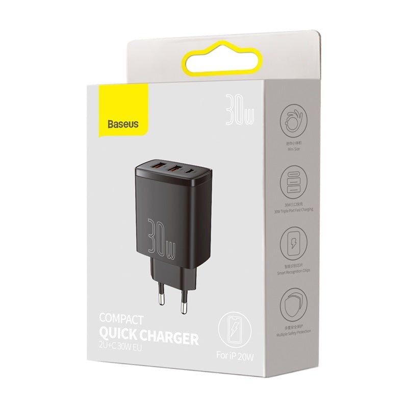Cargador Rápido e Inteligente Baseus Triple USB x 2 y USB - C - 30W - Negro - Bestmart